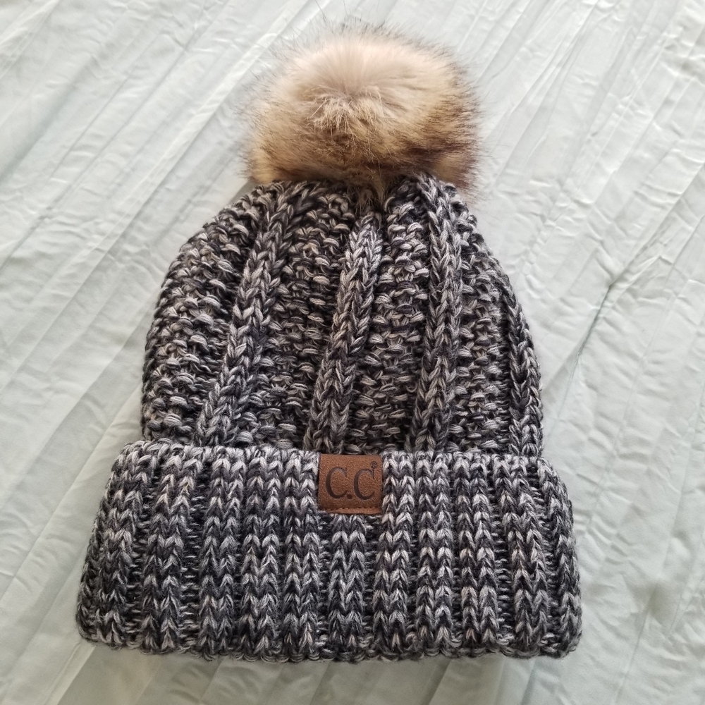 Warm Black and Gray Knit Beanie winter hat with pom and CC Label